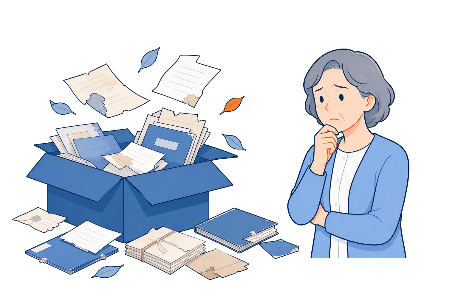 古い契約書や資料を確認して困っている様子